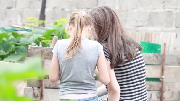 Zwei Kinder sitzen mit dem Rücken zur Kamera und unterhalten sich — Stockvideo