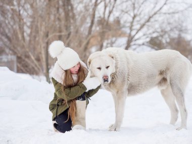 Kış öğleden sonra bir çocuk ve beyaz bir Orta Asya çoban. Kurt köpeği yavruları