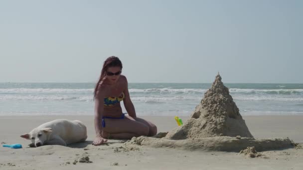 Güzel bir kız bir mayo beyaz bir köpek birlikte ıssız bir kumsala yaz ölüm meleği bir kum kale oluşturur. 4k — Stok video