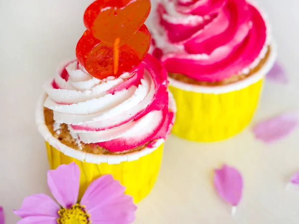 Dois deliciosos cupcakes brilhantes em um close-up de mesa — Fotografia de Stock