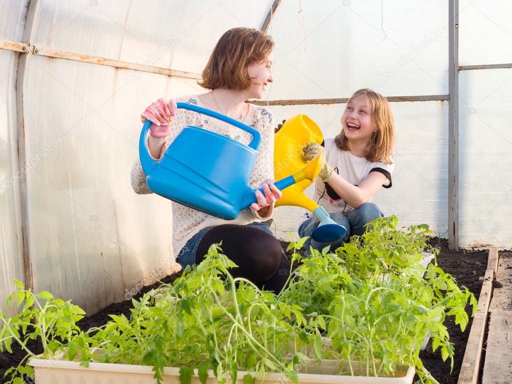 Cheerful children are watering in the greenhouse