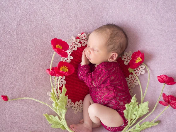 Beautiful newborn baby sleeps on the background of flowers — Stock Photo, Image