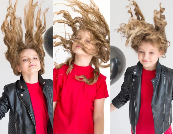 Tres chicas con el pelo largo y brillante ondulado en movimiento — Foto de Stock