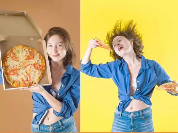Красива молода дівчина в русі їсть італійську піцу на жовтому і коричневому фоні — стокове фото