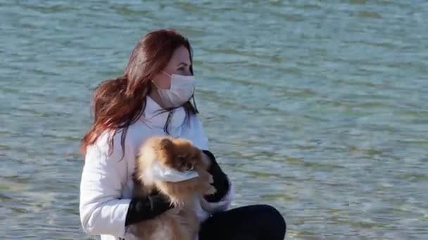 春天的一天，身穿防护外科口罩的斯皮兹女孩和狗对着大自然。Coronavirus病COVID-19对宠物很危险. — 图库视频影像