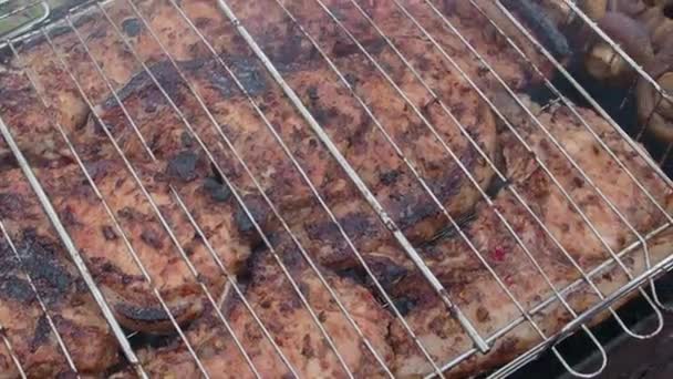 Daging panggang pada bara, panggangan lezat juicy pada tusuk sate. shish kebab pada tusuk di atas arang brazier outdoor. — Stok Video