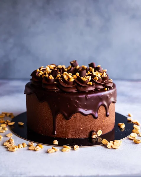 Schokoladenkuchen Mit Gesalzenem Karamell Und Erdnüssen — Stockfoto