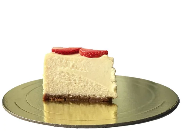 Stuk Van Klassieke Cheesecake Een Witte Achtergrond — Stockfoto