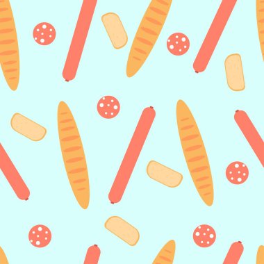 Kusursuz bir arka plan, ekmek ve sosis. Vektör illüstrasyon düz tasarım.