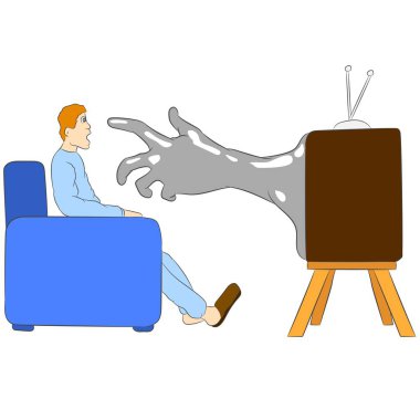 Vektör çizimi düz tasarım. Televizyondan bir el bir adama uzanır..