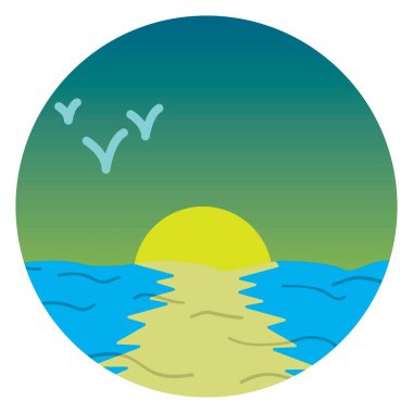 Vektör grafikleri, denizde gün batımı. Düz tasarım.