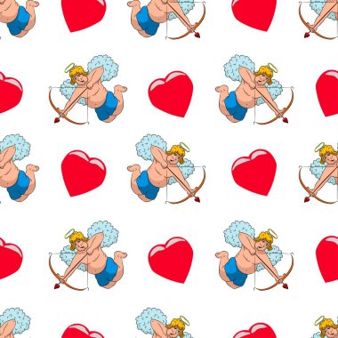 Vektör grafikleri, kusursuz arka plan, aşk tanrısı ve kalp, aşk deseni. Düz tasarım.