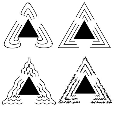 Vektör grafikleri, etrafında dalgaların farklı varyasyonları olan bir üçgen. Düz tasarım.