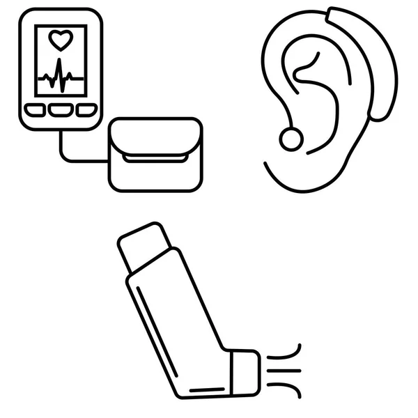 ベクトルグラフィックス 医療機器のアイコン 圧力計 補聴器 吸入器のセット 平面設計 — ストックベクタ