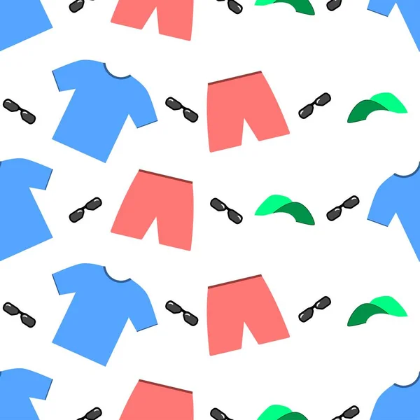 Vektorgrafik Nahtloser Hintergrund Mütze Shorts Sonnenbrille Und Shirt Flache Bauweise — Stockvektor