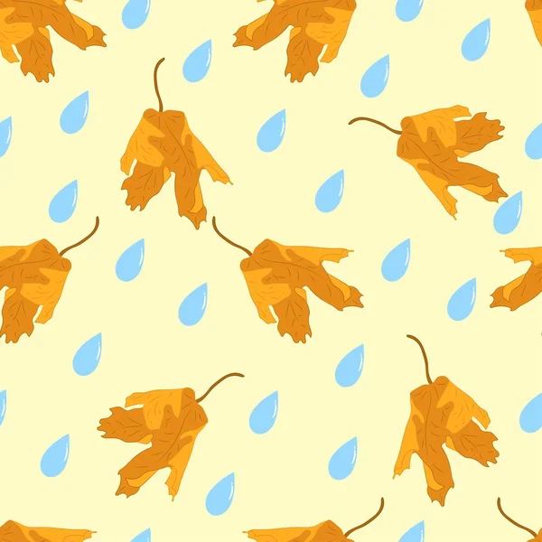 Vektör grafikleri, kusursuz arkaplan, sonbahar, yağmur damlalı sarı yapraklar. Düz tasarım.