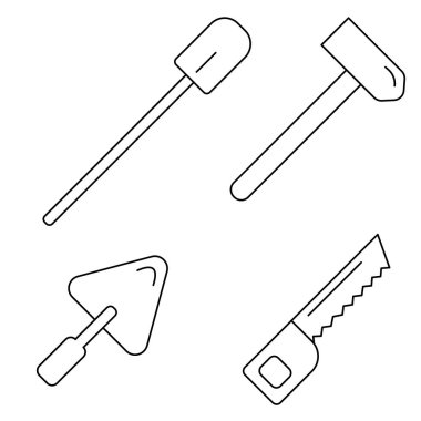 Vektör grafikleri, siyah ikonlar, kürek, demir testeresi, inşaat spatulası, beyaz arka planda çekiç. Düz dizayn. EPS 10.