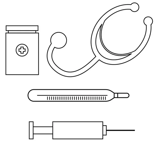 Grafica Vettoriale Icone Nere Fonendoscopio Scatola Con Pillole Siringa Termometro — Vettoriale Stock