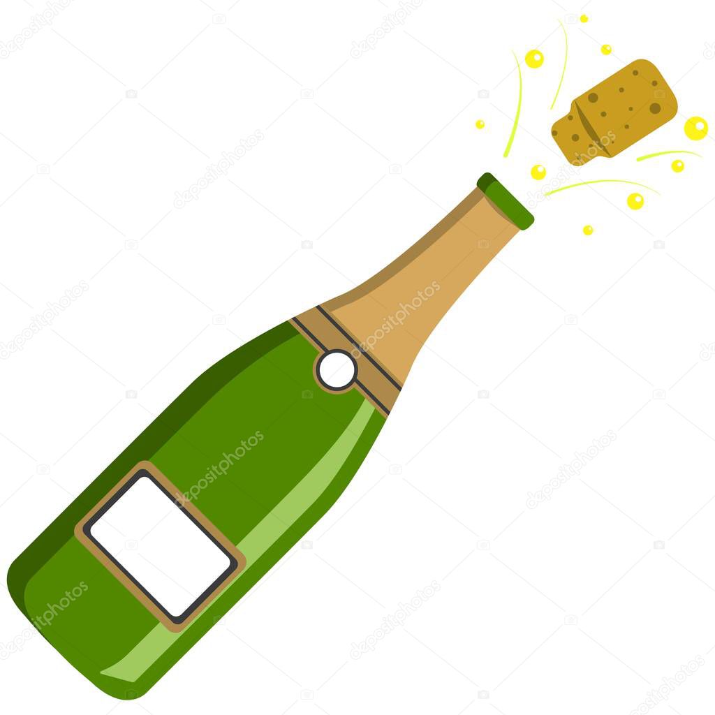 Vector illustration, isolated open bottle of champagne on a white background. Simple flat style. Logo concept.