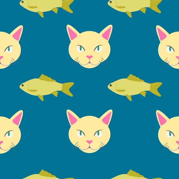 Vector Illustration Seamless Pattern Muzzle Cat Fish Blue Background Design — Stock Vector