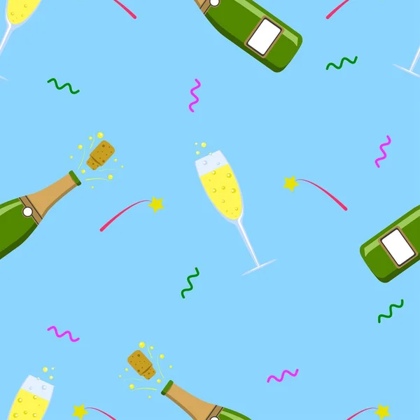Vector Illustratie Naadloos Patroon Met Champagne Glas Een Blauwe Achtergrond — Stockvector
