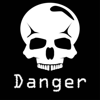 Vektör çizimi. Siyah arka planda yazılı beyaz insan kafatası izole edilmiş. Poster, afiş ve kıyafetler için tasarım öğesi. Basit düz biçim.