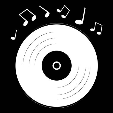Vektör çizimi. İzole tasarım, siyah arka planda notaları olan müzik kayıtları. Poster, afiş ve kıyafetler için tasarım öğesi. Basit düz biçim.