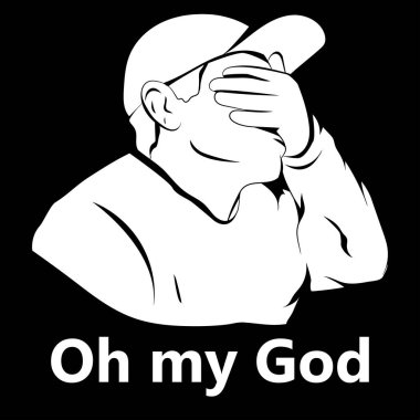 Vektör çizimi. Siyah arka planda yazılı metinle yüzünü kapatan bir adamın izole edilmiş silueti. Poster, afiş ve kıyafetler için tasarım öğesi. Basit düz biçim.