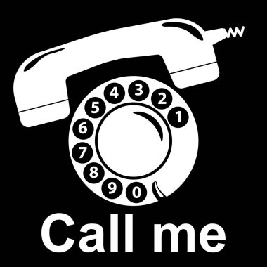 Vektör çizimi. Siyah arkaplanlı eski bir telefonun izole edilmiş silueti. Poster, afiş ve kıyafetler için tasarım öğesi. Basit düz biçim.