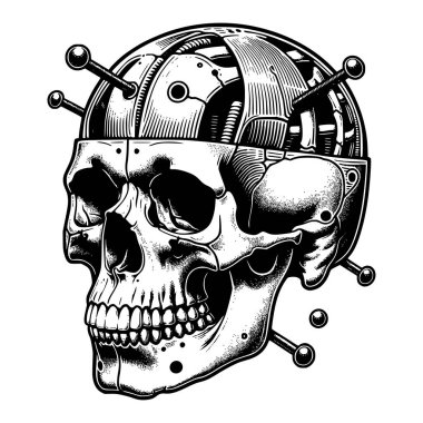 Detaylı siyah-beyaz oyma stili kafatası. Mekanik implantlar ve biyomekanik detaylar. Karanlık bilim kurgu projeleri, alternatif poster sanatı ve siber punk esinlenilmiş tasarımlar için harika.