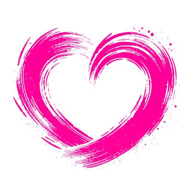 Soyut pembe kalp şekli grunge fırça darbeleriyle ve sıçrama efektiyle yapılmış, beyaz arka planda izole edilmiş.
