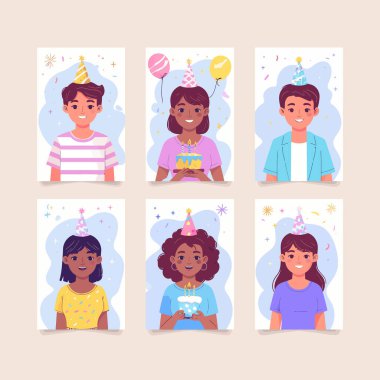 Parti şapkaları, balonlar, pastalar ve şenlikli dekorasyonlarla gülümseyen insanların yer aldığı eğlenceli bir doğum günü tebrik kartı çizimi. Yazdırılabilir kartlar, davetiyeler ve sosyal medya grafikleri için mükemmel