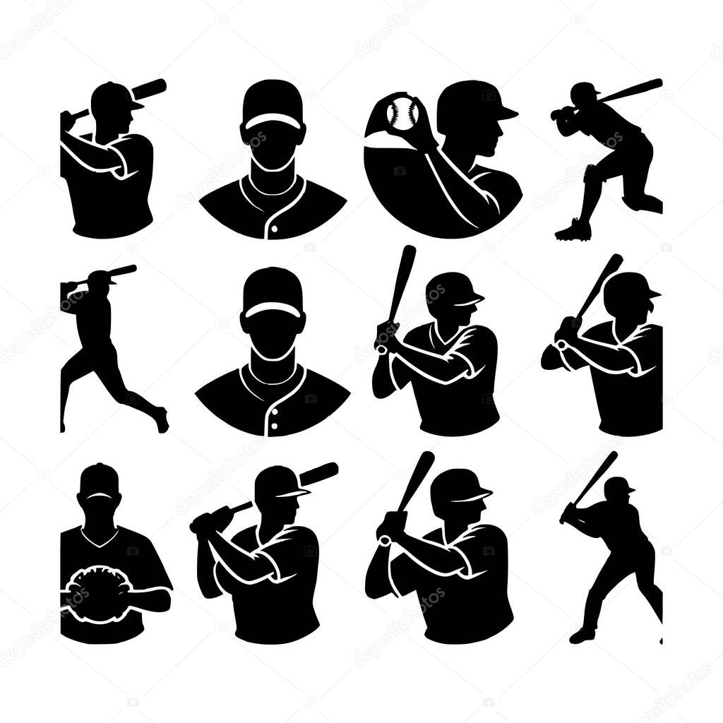 Collection of dynamic baseball player silhouettes in various action poses, including batting, pitching, and fielding. Perfect for sports logos, t-shirt graphics, posters, and team merchandise