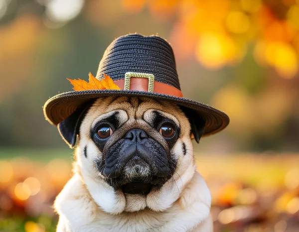 Pug Dog 'un yüzünün yakın plan fotoğrafı. Sevimli evcil hayvan sonbahar yapraklı siyah bir hacı şapkası takıyor. Şükran Günü kutlamasına hazır.