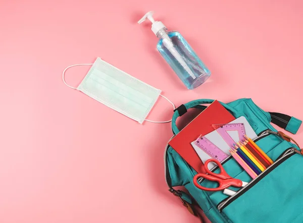 Prevención Covid Regresar Escuela Nuevo Concepto Normal Vista Superior Mochila — Foto de Stock