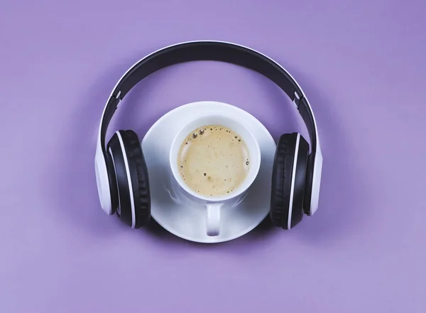 Top View Flat Lay Headphones Coffee Cup Purple Background Music — Stock Photo, Image
