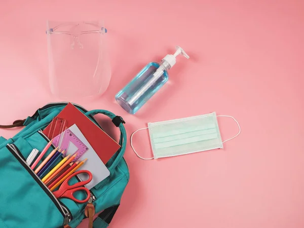 Covid Prevención Regresar Escuela Nuevo Concepto Normal Vista Superior Mochila — Foto de Stock