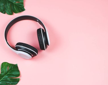 Üst ya da düz kulaklıklar pembe arka planda kopyalanmış tropikal canavar yapraklarıyla dekore edilmiş. Müzik konsepti..