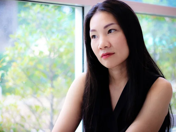 Beautiful Asian Woman Long Black Hair Sitting Cafe Window Look Stock Image