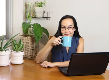 Gözlüklü Asyalı bir kadın ahşap masada bilgisayar başında oturuyor ve ev bitkisi içeride, mavi fincanla kahve içiyor, gülümsüyor ve kameraya bakıyor. ev kavramından çalışmak. 