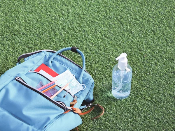 Prevención Covid Regresar Escuela Nuevo Concepto Normal Vista Superior Mochila — Foto de Stock