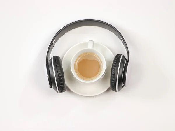 Top View Flat Lay Coffee Cup Cover Headphones White Background — Stock Photo, Image
