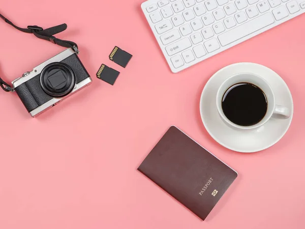 Top View Flat Lay Coffee Cup Computer Keyboard Camera Memory — Stock Photo, Image