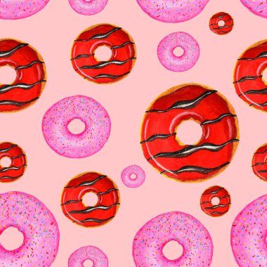 Kalıp pembe ve kırmızı çörek. Kafede bir menüyü resmetmek için uygun, hediye kağıdı reklamı.