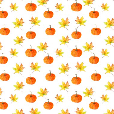 Sulu boya desenli turuncu balkabağı ve akçaağaç yaprağı sarısı.