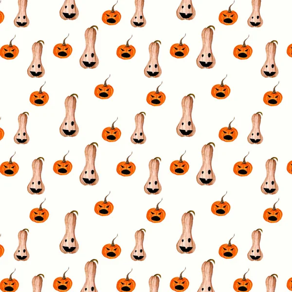 Modello di zucca senza cuciture ad acquerello per Halloween, Butternut, autunno. — Foto Stock