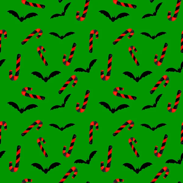 Modello su sfondo verde Halloween, pipistrello e caramelle tubo — Foto Stock