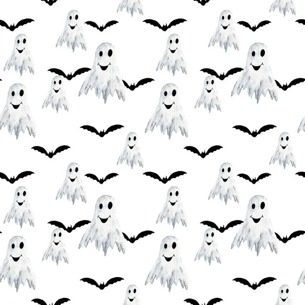 Acquerello modello senza soluzione di continuità su uno sfondo bianco fantasmi divertenti e un pipistrello — Foto Stock