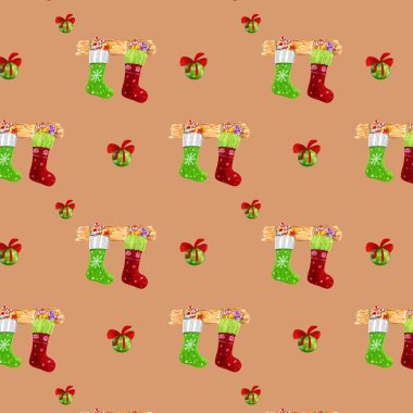 Noel desenli çoraplar kırmızı ve yeşil Yeni yıl hediyeleriyle.