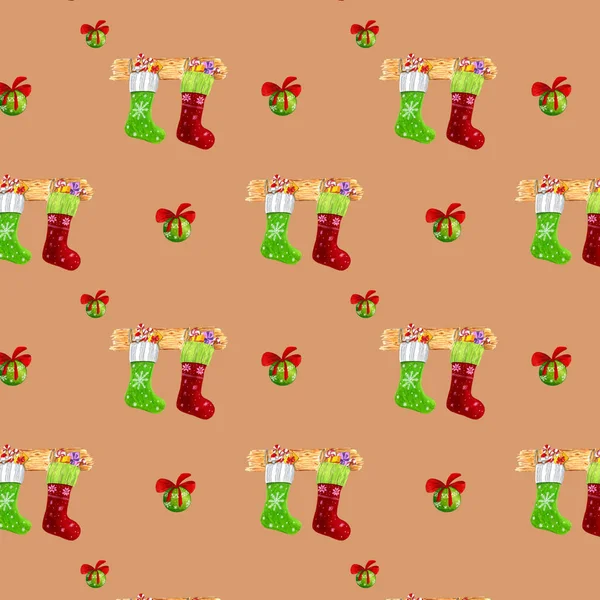 Christmas pattern socks red and green with gifts for the new year. — Stock Photo, Image